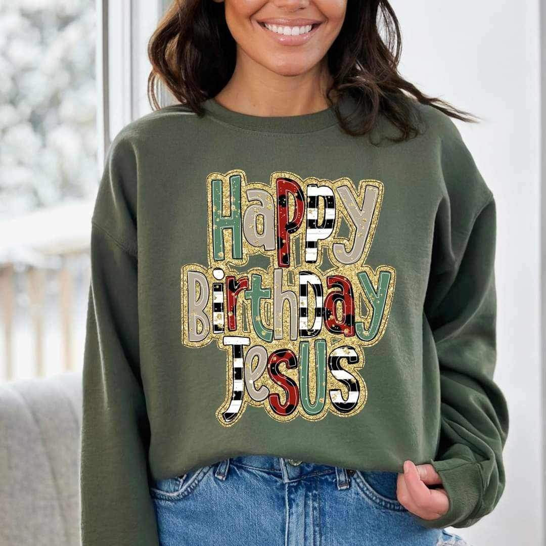 Happy birthday jesus GOLD OUTLINE Christmas colors and glittery 17172 DTF TRANSFER