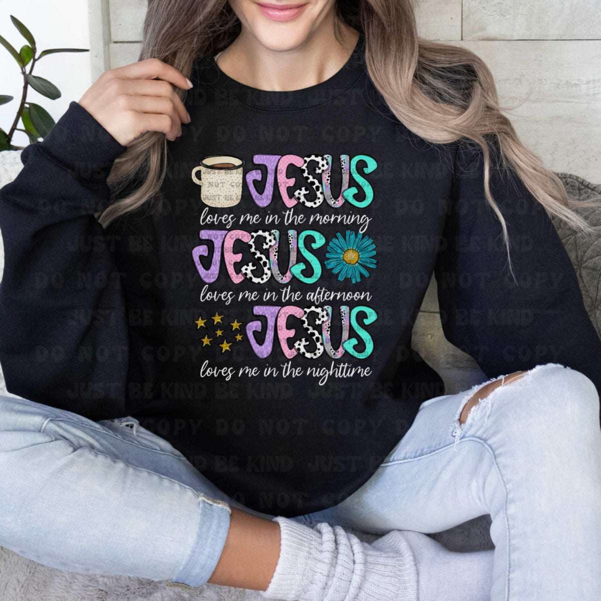 Jesus loves me in the morning color and white (VLB) 87420 DTF transfer