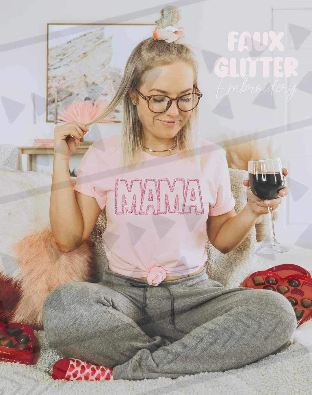 Mama glittery pink embroidered outline 17155 DTF TRANSFER