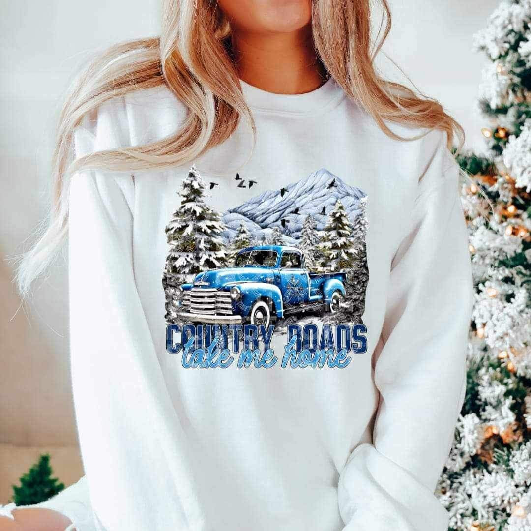 Country roads take me home blue truck and snowy mountains 17215 DTF TRANSFER
