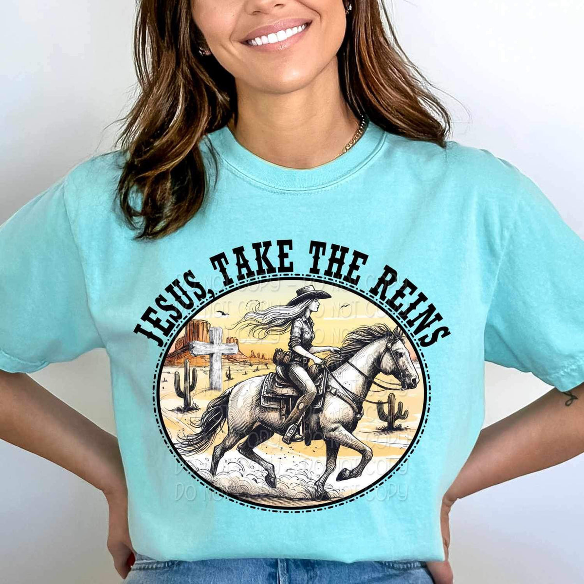 Jesus take the reins girl riding horse 26819 DTF transfer