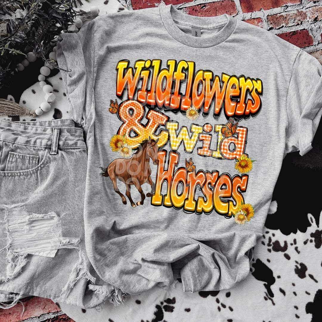 Wildflowers & wild horses orange font (SSD) 36886 DTF transfer