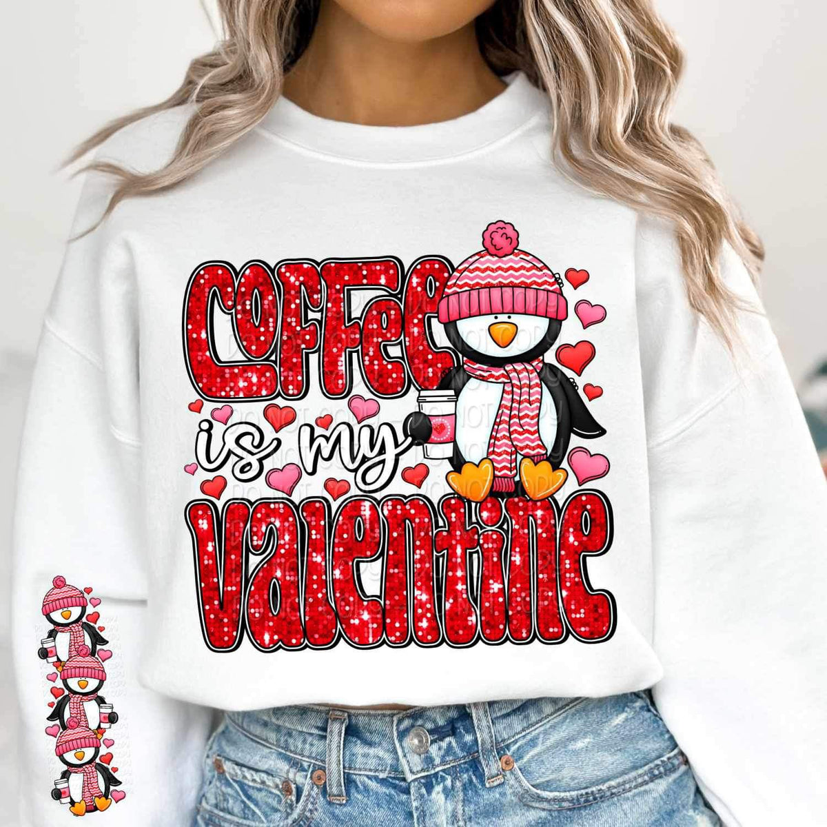 Penguin with coffee and hearts SLEEVE 17204 DTF TRANSFER