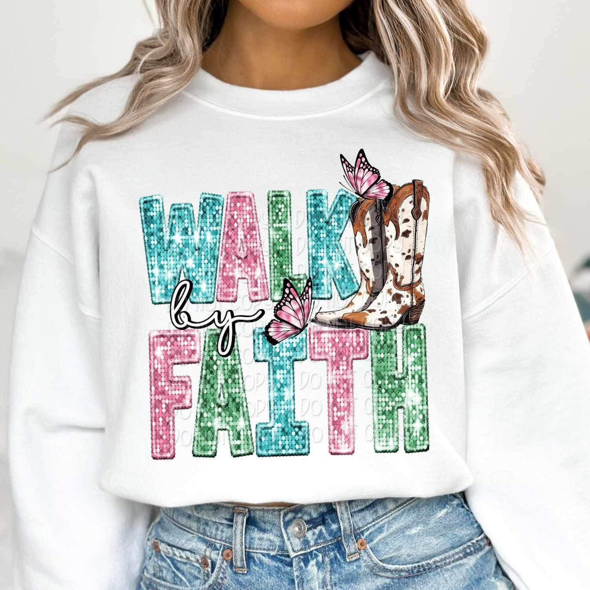 Walk by faith sequin with Cross with boots and butterflie 17200 DTF TRANSFER