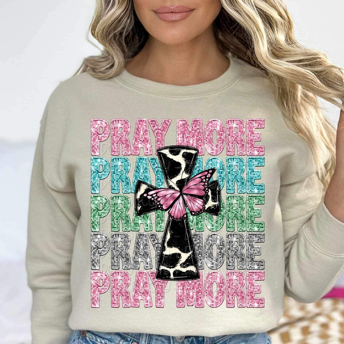 Pray more stacked and Cow print cross and butterfly 17203 DTF TRANSFER