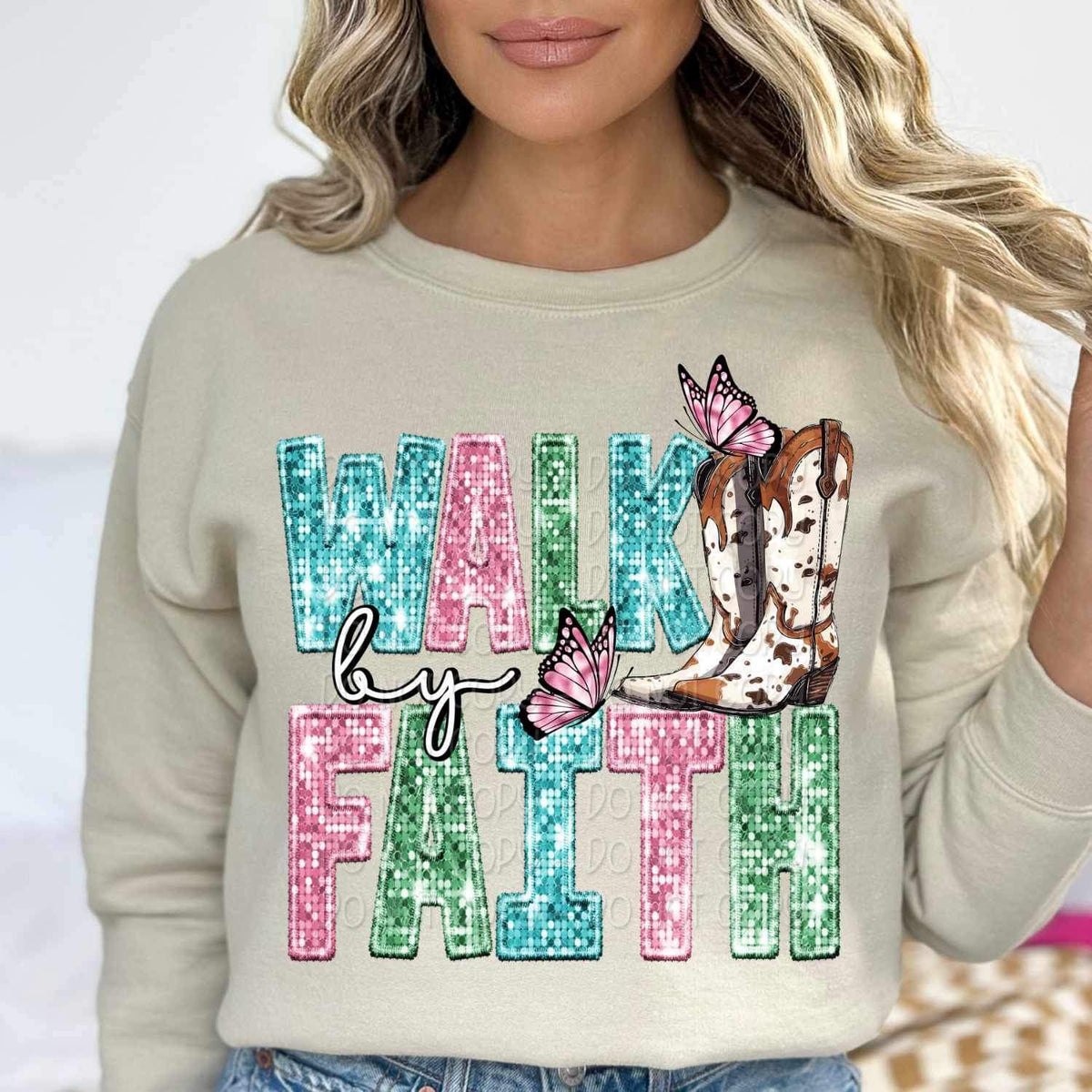 Walk by faith sequin with Cross with boots and butterflie 17200 DTF TRANSFER