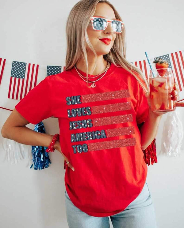 She loves jesus america too blue words red stripes 26867 DTF transfer