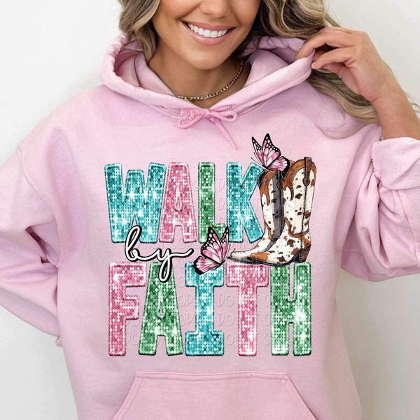 Walk by faith sequin with Cross with boots and butterflie 17200 DTF TRANSFER