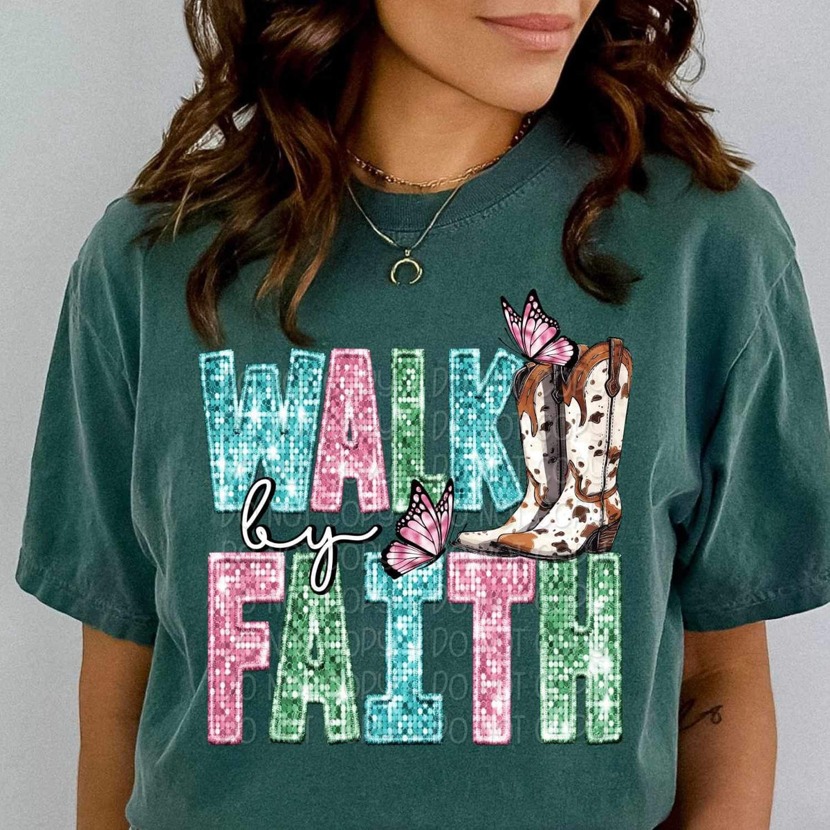 Walk by faith sequin with Cross with boots and butterflie 17200 DTF TRANSFER