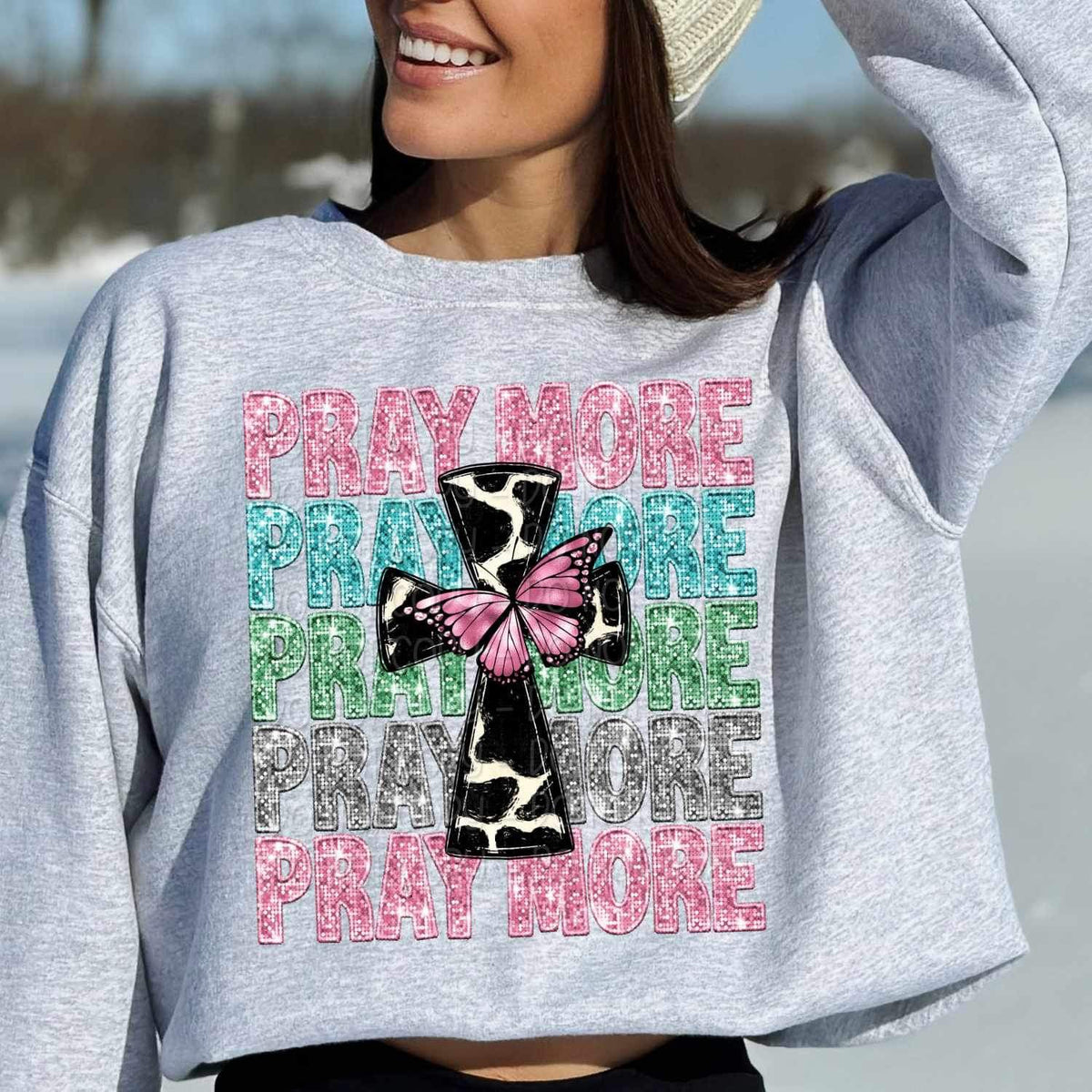 Pray more stacked and Cow print cross and butterfly 17203 DTF TRANSFER
