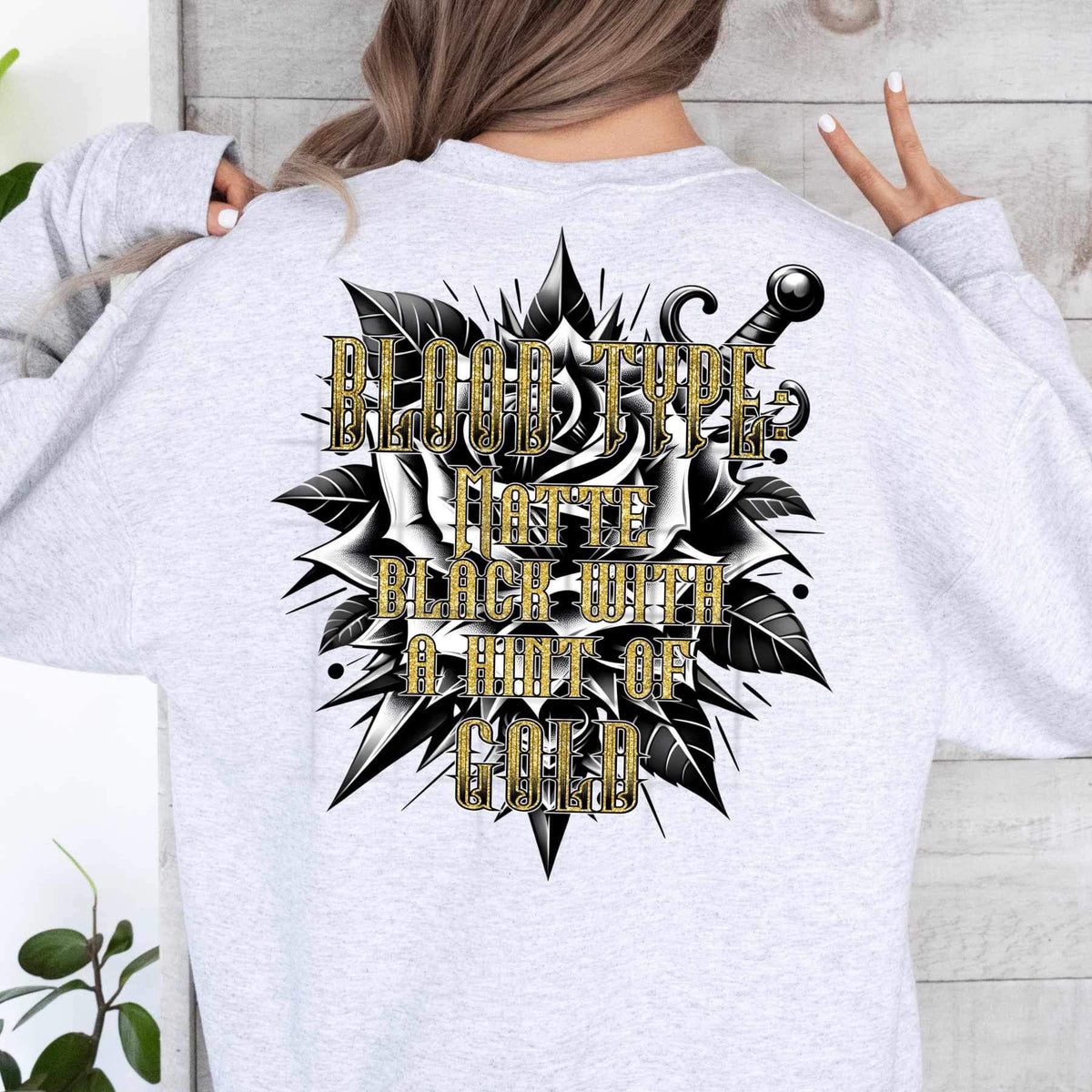 Blood type: matte black with a hint of gold (gold writing with black rose and sword) 17347 DTF TRANSFER
