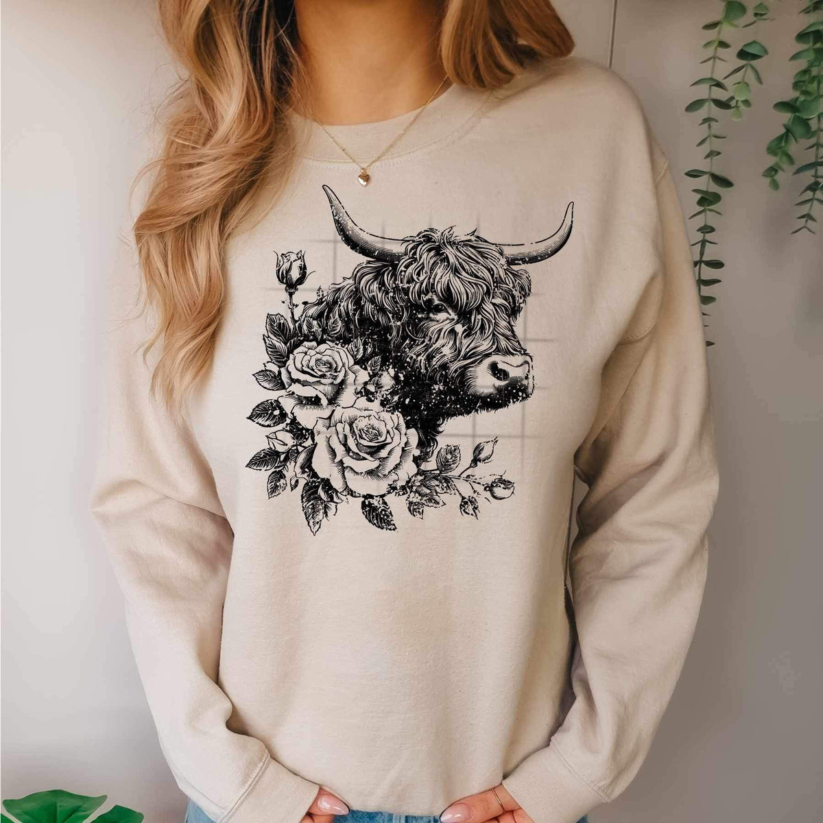 Shaggy cow and flowers BLACK 17320 DTF TRANSFER