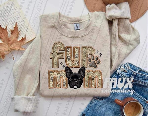 Black French Bulldog Fur Mom Faux Embroidery DTF transfer 13729