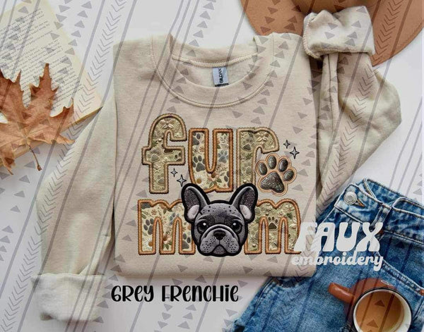 Grey Frenchie Fur Mom Faux Embroidery DTF transfer 13736