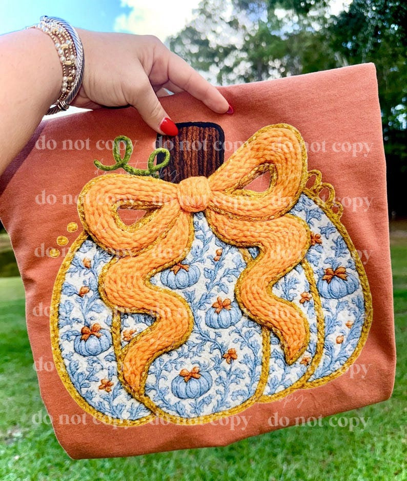 Blue pumpkin with orange bow DTF transfer
