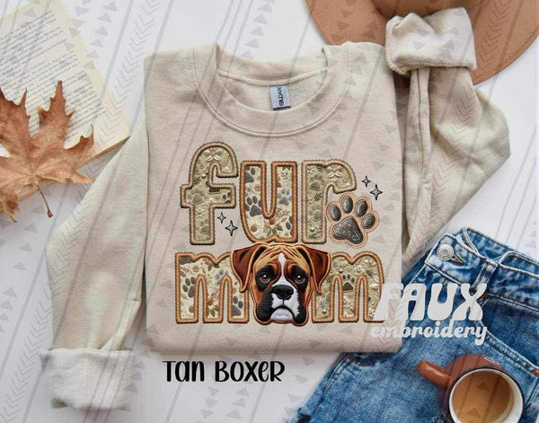 Tan Boxer Fur Mom Faux Embroidery DTF transfer 13750