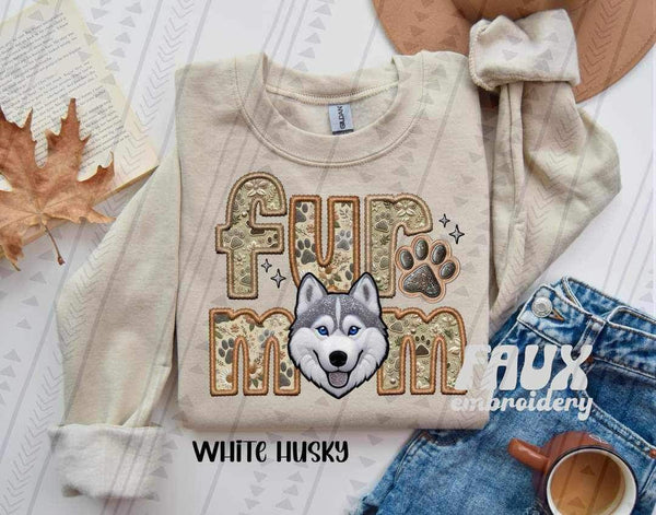 White Husky Fur Mom Faux Embroidery DTF transfer 13754