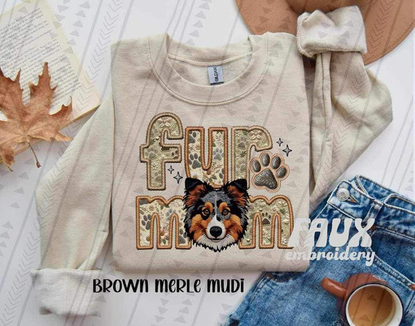 Brown Merle Mudi Fur Mom Faux Embroidery DTF transfer 13714