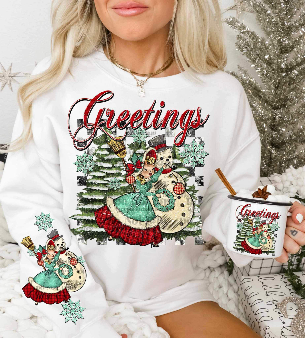 Greeting woman and snowman FRONT 17336 DTF TRANSFER