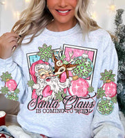 Santa claus is coming to town pink santa and reindeer FRONT ONLY 17327 DTF TRANSFER