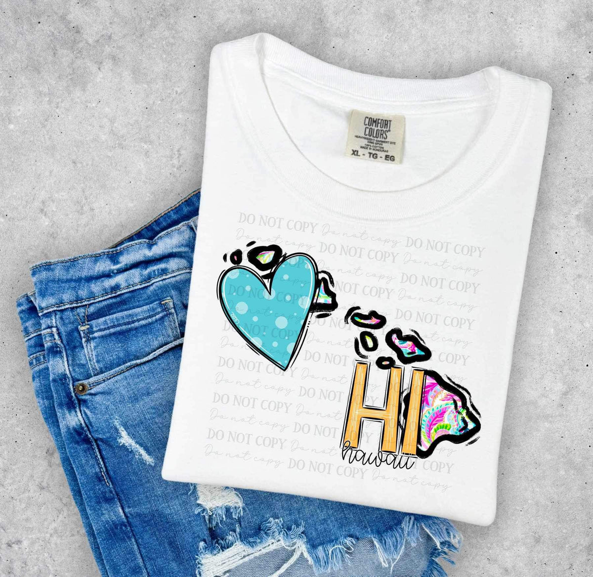 HI Hawaii colorful with light blue heart (ABD) 27009 DTF transfer