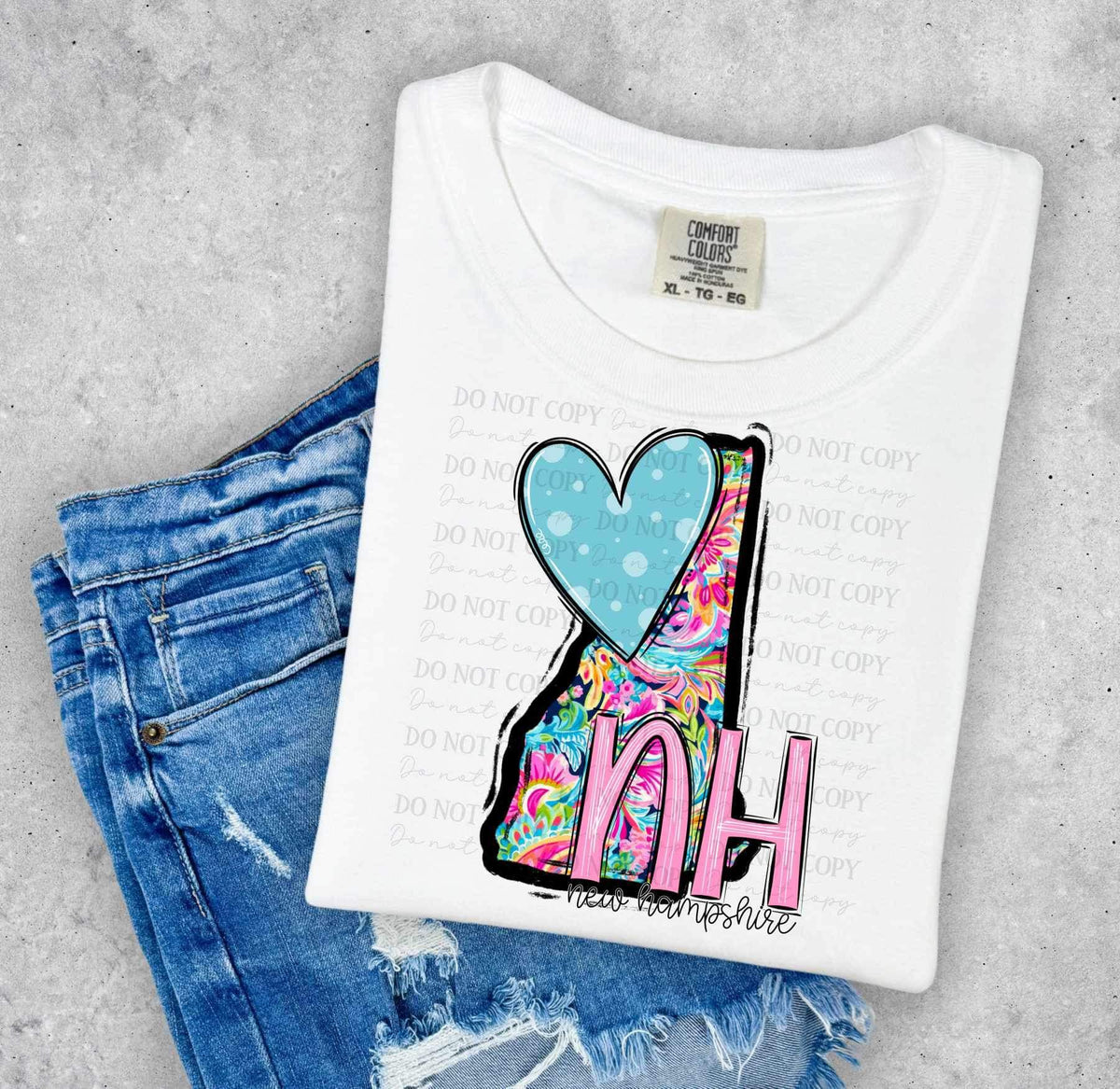 NH New Hampshire colorful with light blue heart (ABD) 27006 DTF transfer