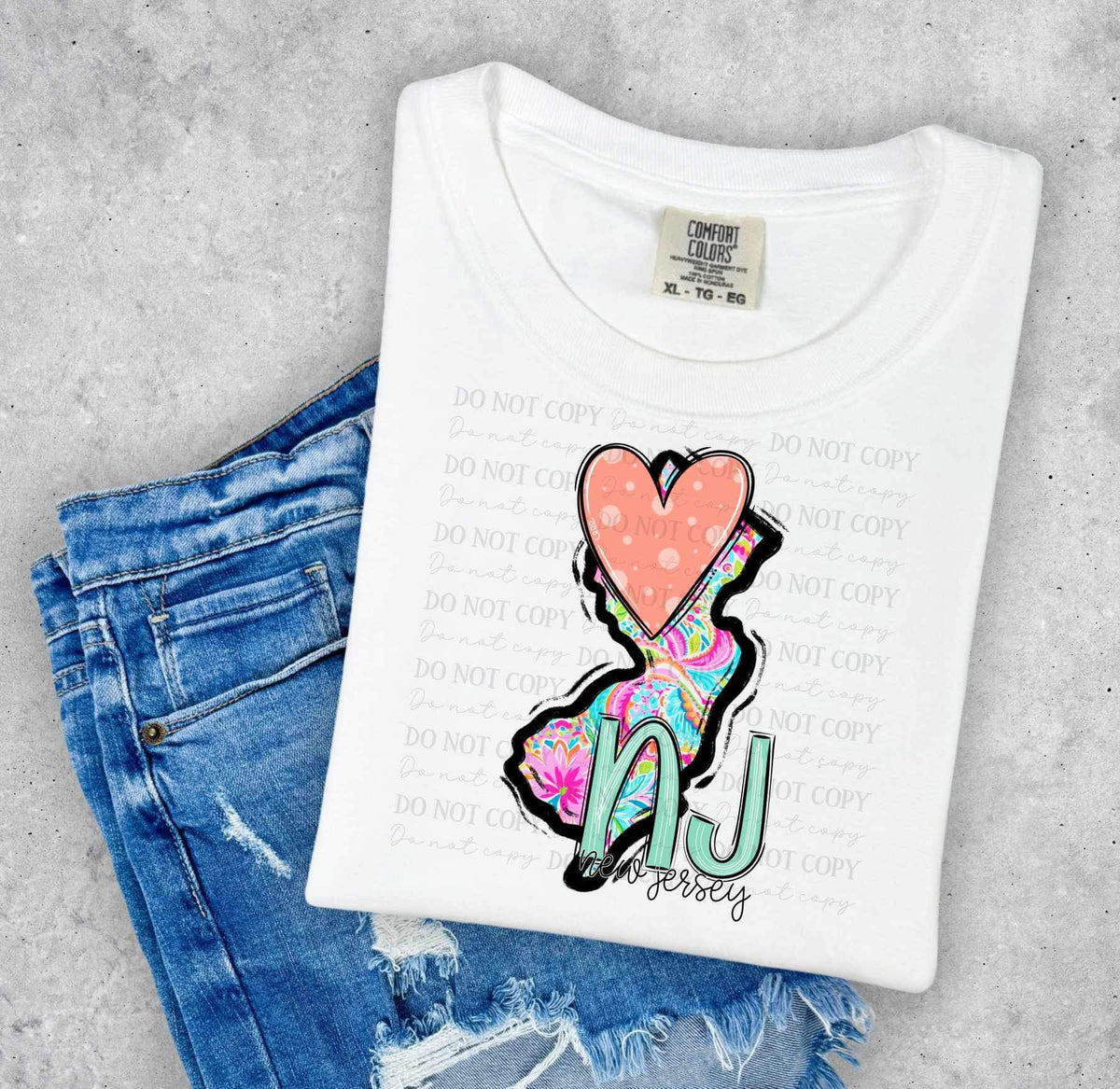 NJ New Jersey colorful with light red heart (ABD) 27015 DTF transfer