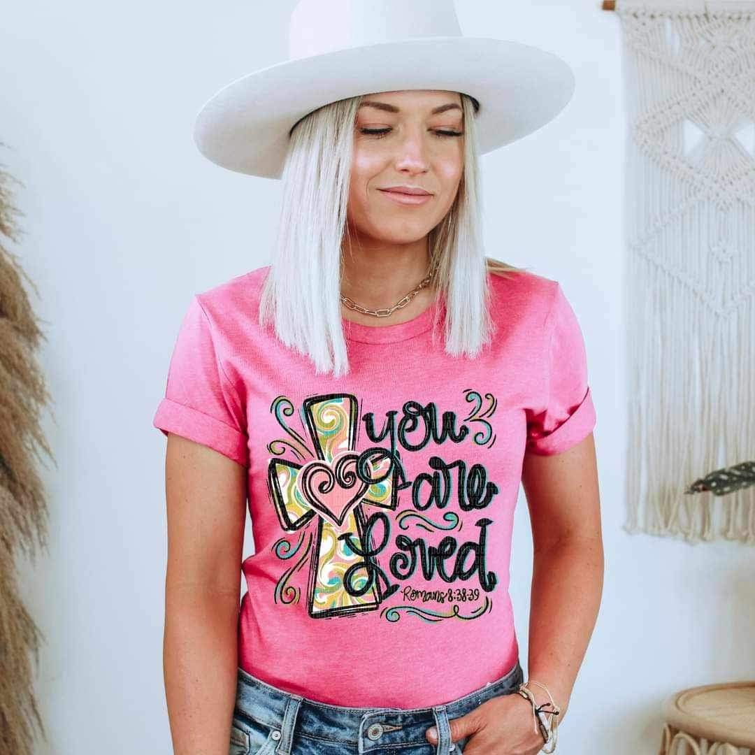 You are loved cross with heart PINK HEART 17363 DTF TRANSFER