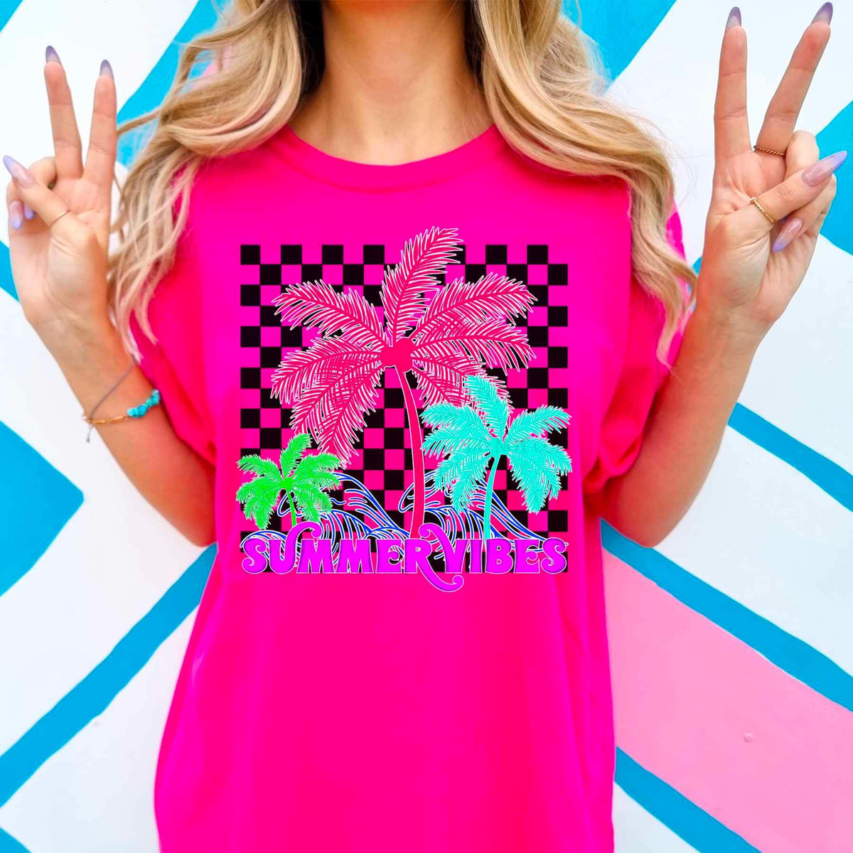 Summer vibes palm trees and checkered print (ABD) 26970 DTF transfer