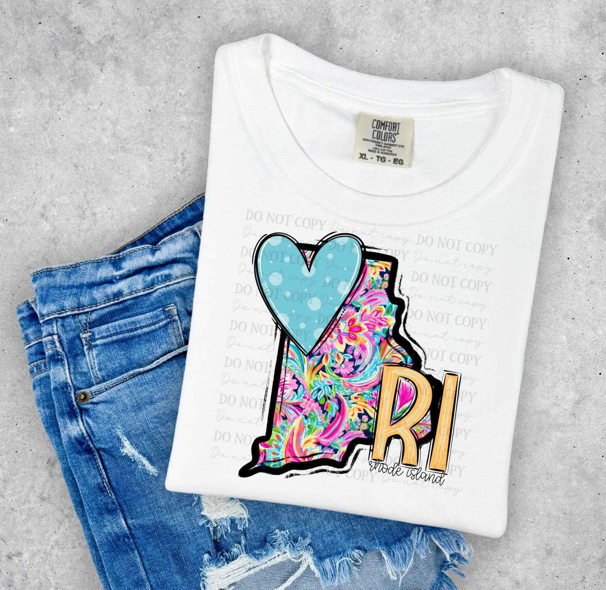 RI Rhode Island colorful with light blue heart (ABD) 27002 DTF transfer