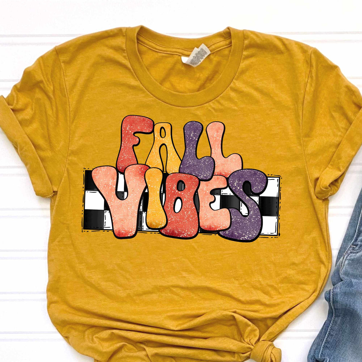 Fall vibes bubble letters checkered background (CITY) 37035 DTF transfer