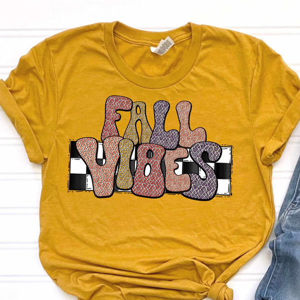 Fall vibes DARK bubble letters checkered background (CITY) 37036 DTF transfer