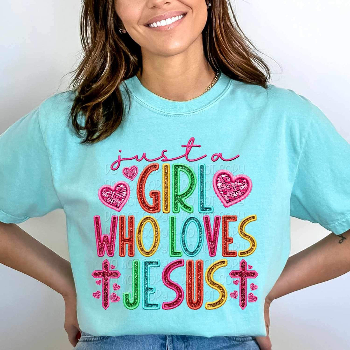 Just a girl who loves Jesus rainbow font 27035 DTF transfer