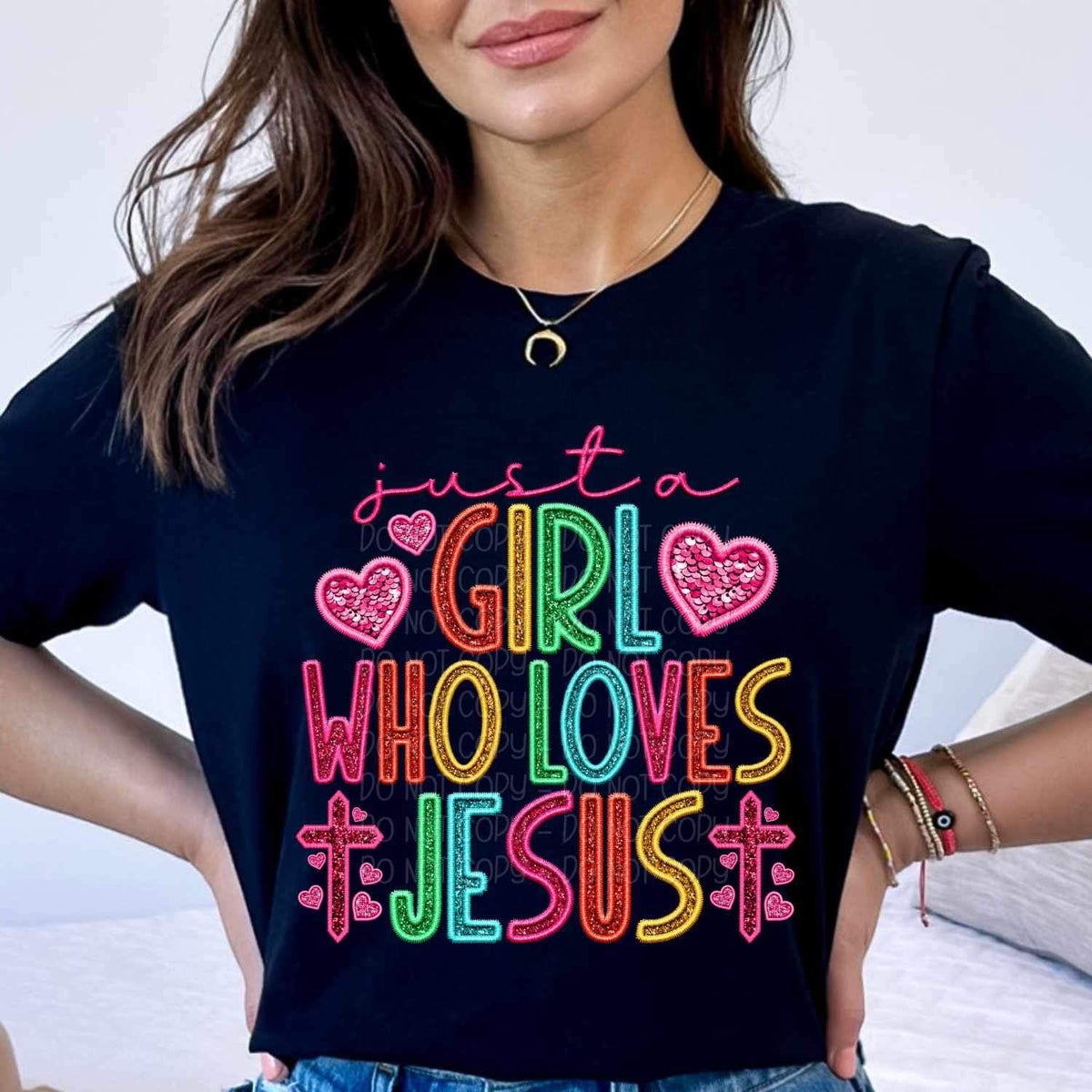 Just a girl who loves Jesus rainbow font 27035 DTF transfer