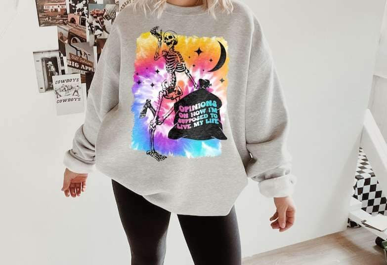 Opinions on how im supposed to live my life skellie with trash bag TIE DYE 27055  DTF transfer