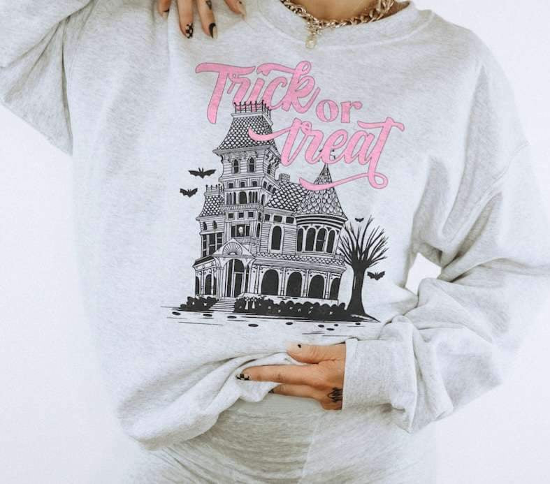 Trick or trear haunted house pink font 27046 DTF transfer