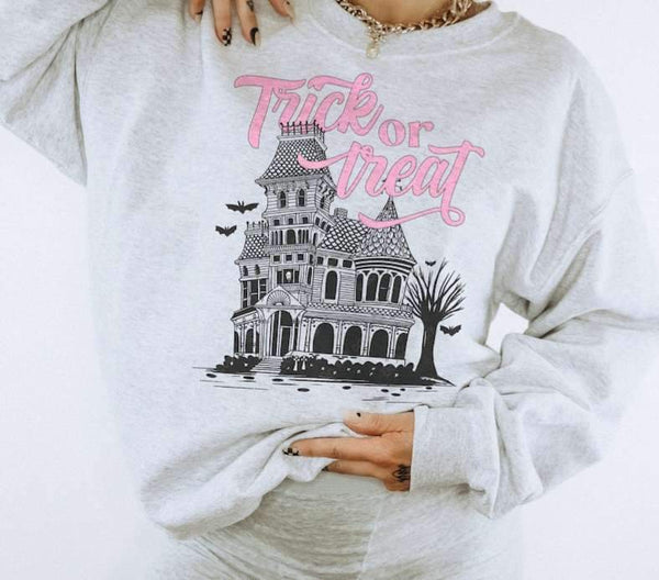 Trick or trear haunted house pink font 27046 DTF transfer