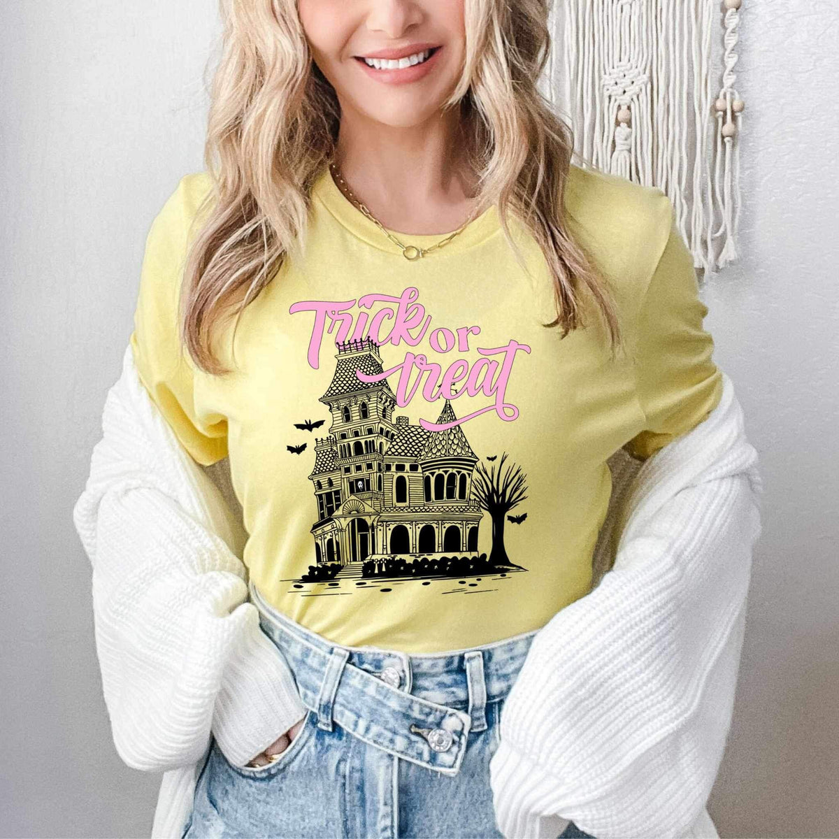 Trick or trear haunted house pink font 27046 DTF transfer