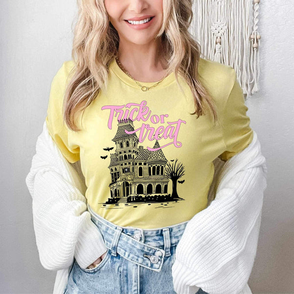 Trick or trear haunted house pink font 27046 DTF transfer
