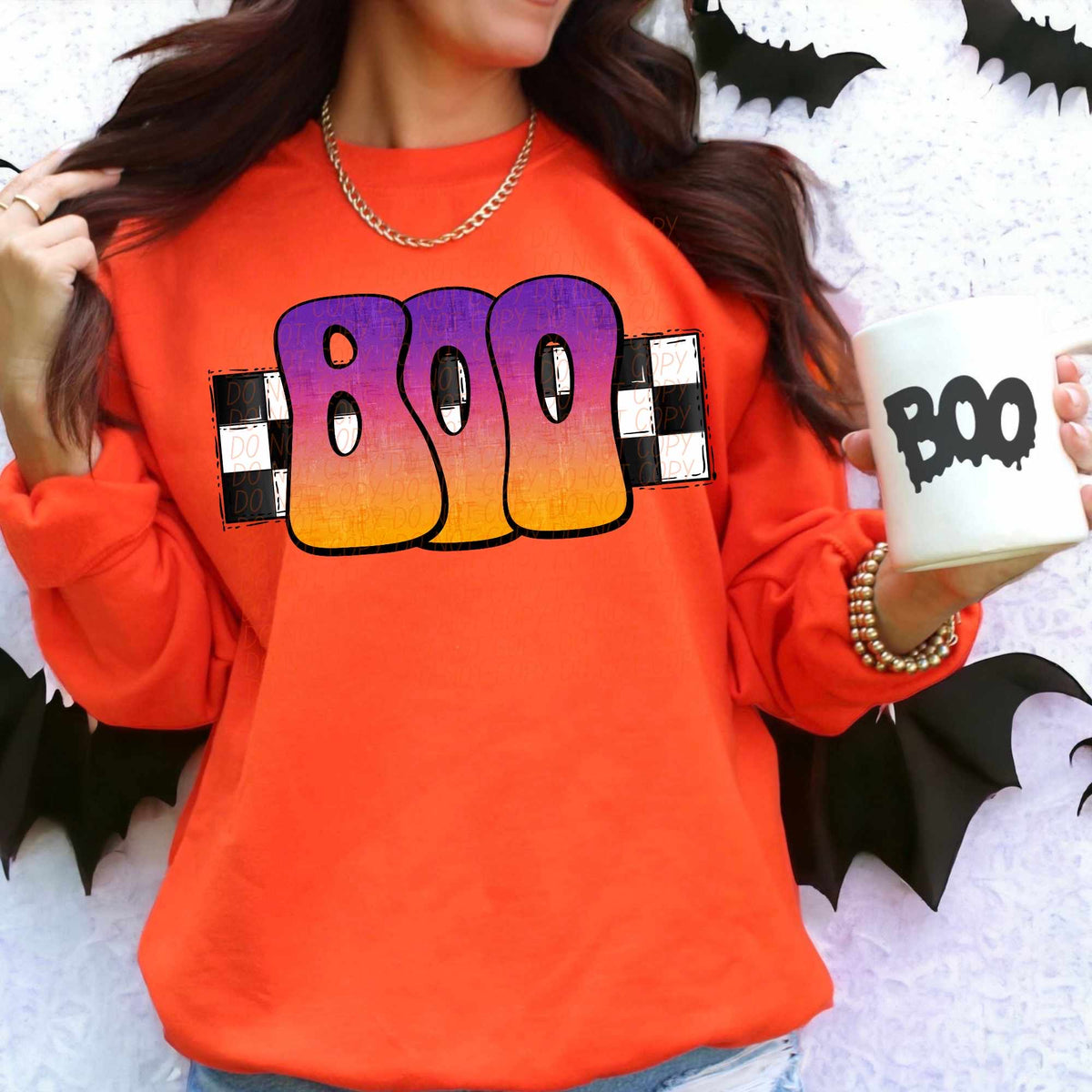 Boo purple orange ombre font checkered background (CITY) 37134 DTF transfer