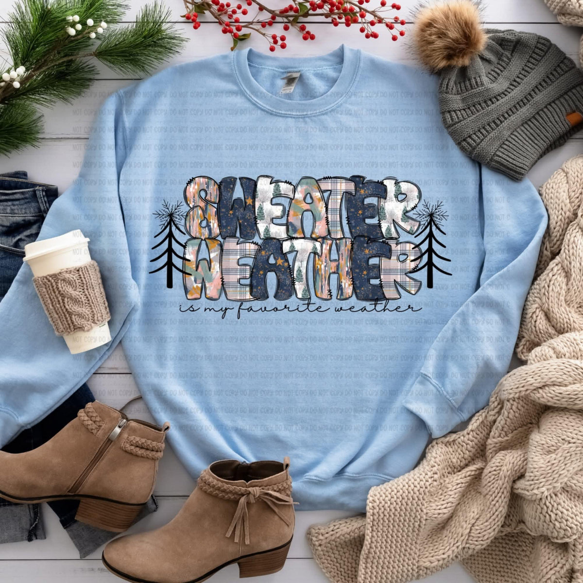 Sweater Weather Navy plaid and trees 111091 DTF transfer
