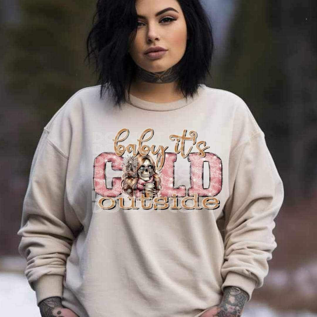 Baby its cold outside gold and pink with skellie 17523 DTF TRANSFERe