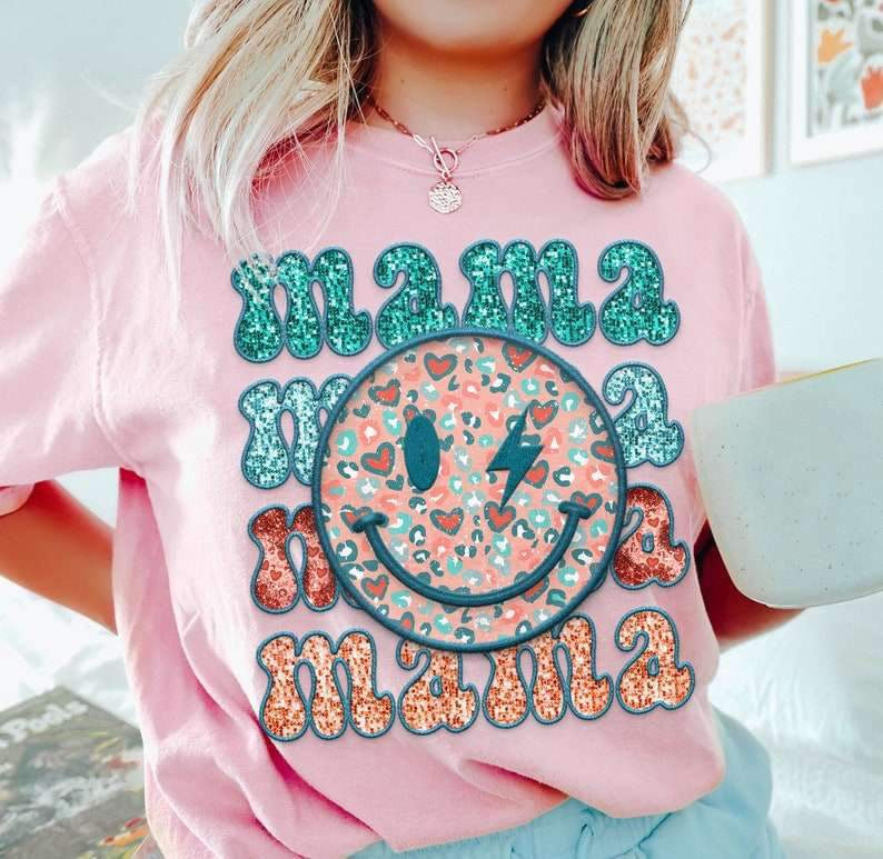 Mama sequin stacked with smiley 27107 DTF transfer