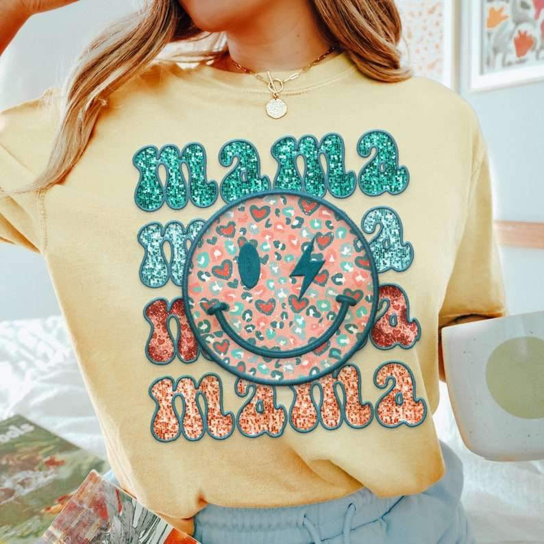 Mama sequin stacked with smiley 27107 DTF transfer