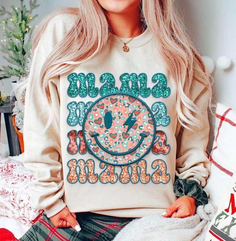 Mama sequin stacked with smiley 27107 DTF transfer