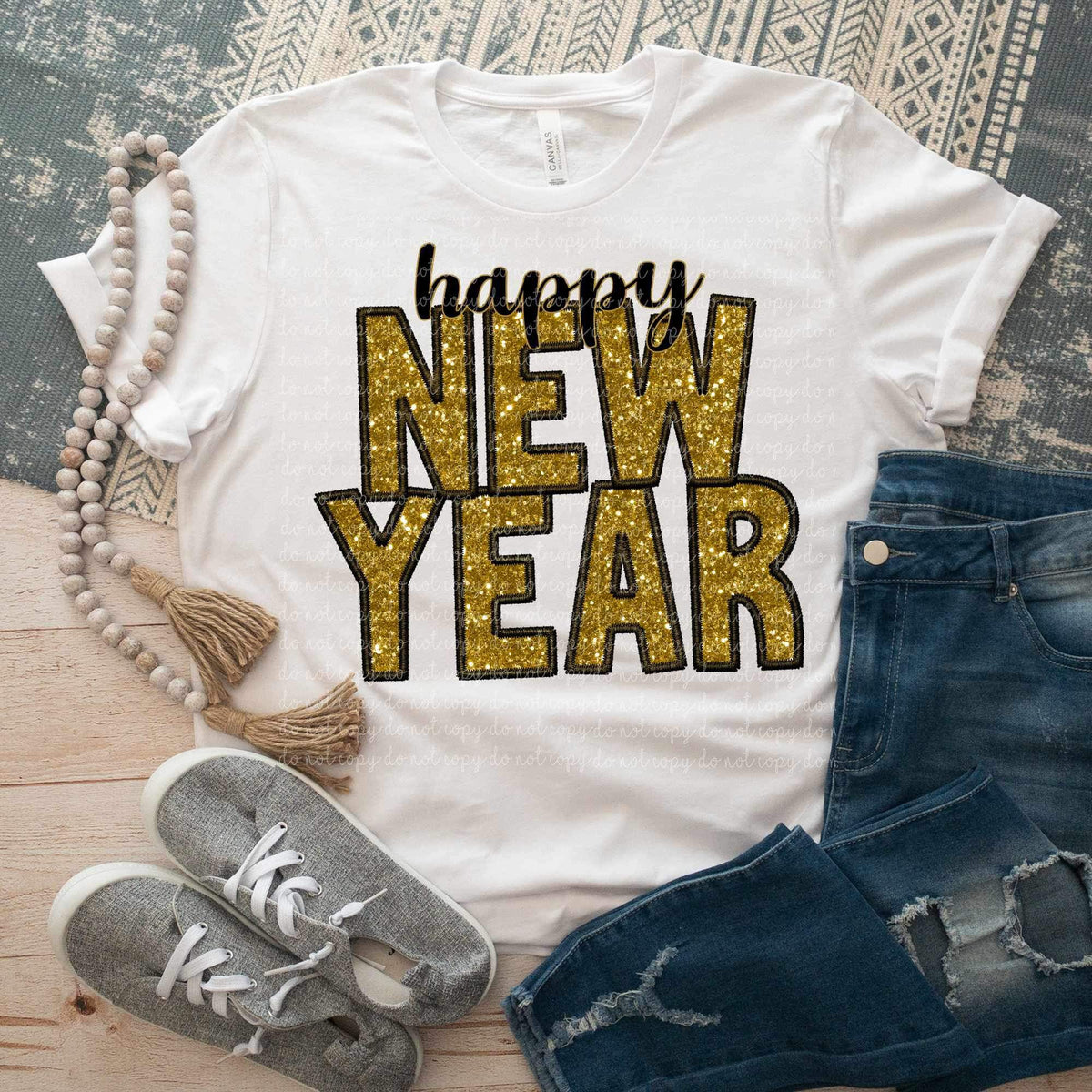 Happy New Year gold sequin 17524 DTF TRANSFERe