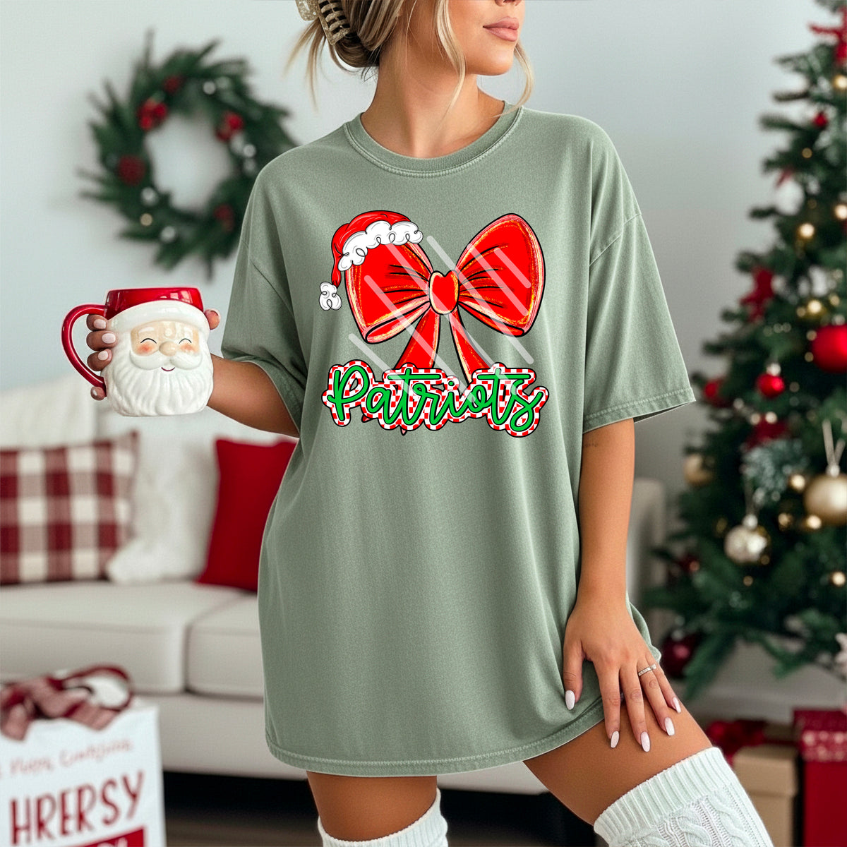 Patriots Christmas checker with bow DTF transfer