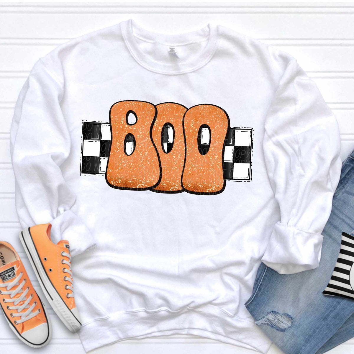 Boo orange font checkered background (CITY) 37133 DTF transfer