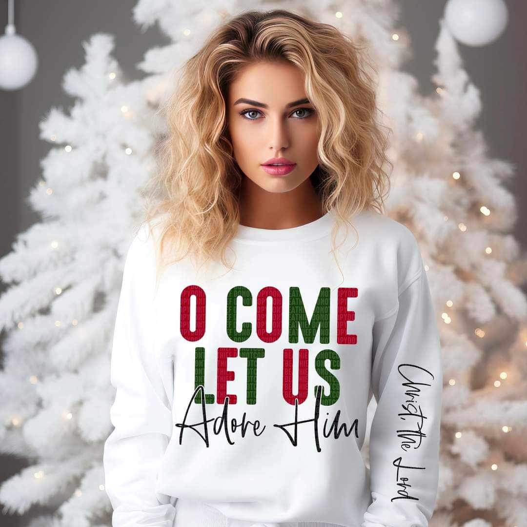 Oh come let us adore him red green BLACK  FRONT ONLY 17556 DTF TRANSFER