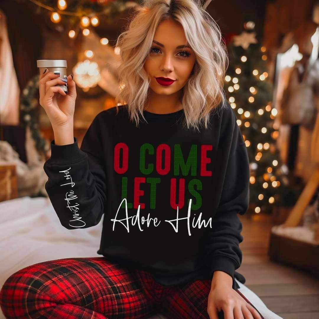 Oh come let us adore him red green WHITE  FRONT ONLY 17557 DTF TRANSFER